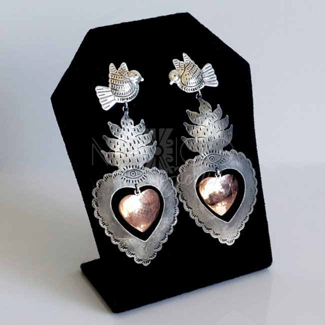 Silver Copper Sacred Hearts Long Earrings