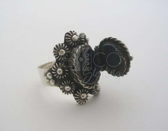 Artisan, Adjustable Taxco Silver and Onyx Filigree Poison Ring