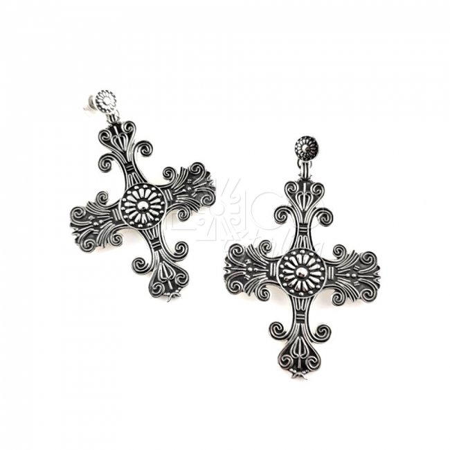 Silver Open Flower Cross Earrings