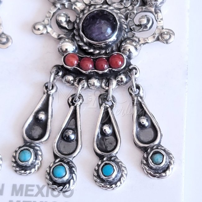 Multi-Stone Long Silver Traditional Earrings