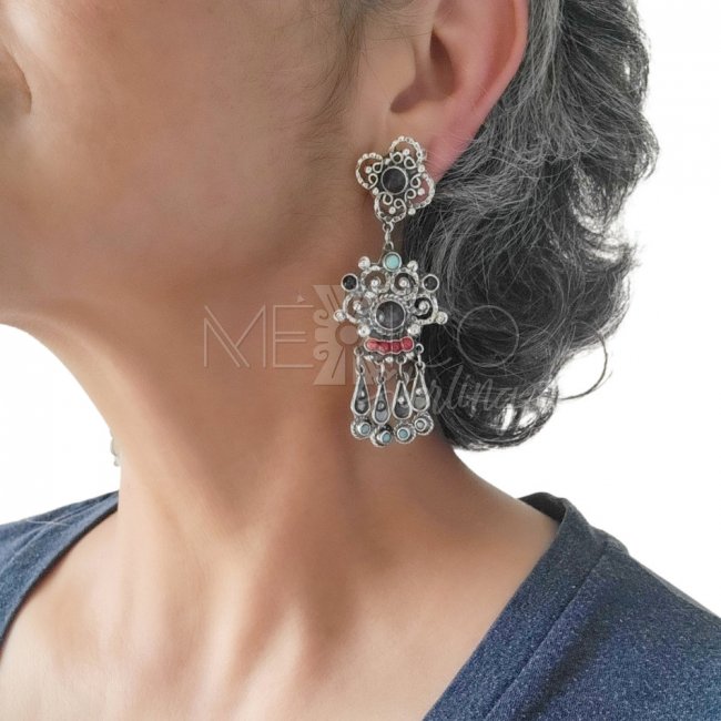 Multi-Stone Long Silver Traditional Earrings