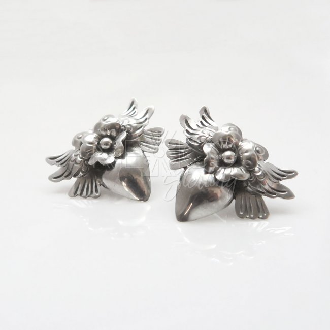 Silver Milagros Birds and Heart Earrings