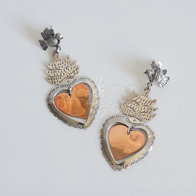 Silver Copper Sacred Hearts Long Earrings