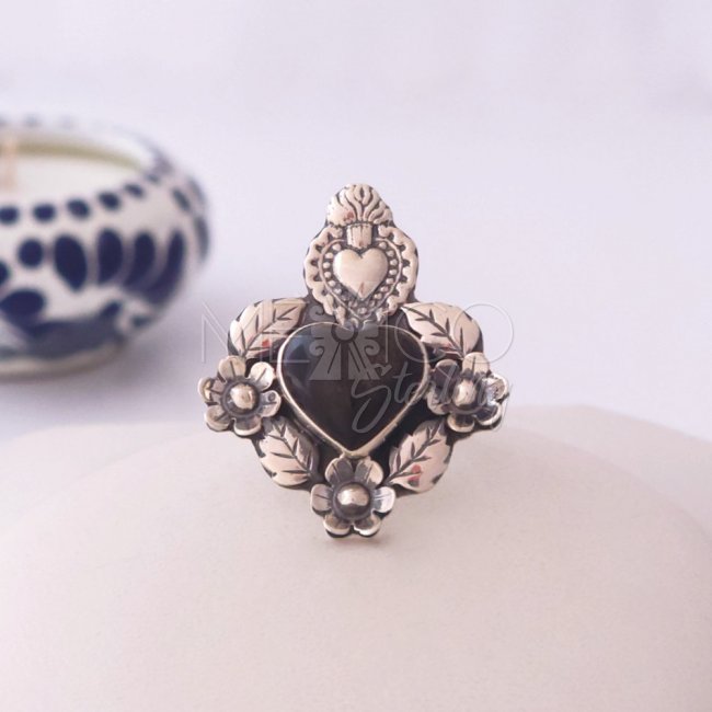 Heart Milagros Silver Ring and Obsidian