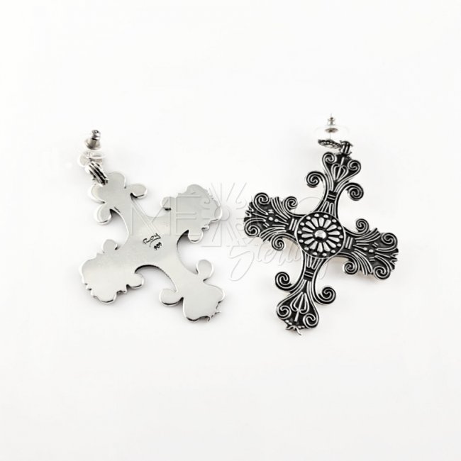 Silver Open Flower Cross Earrings