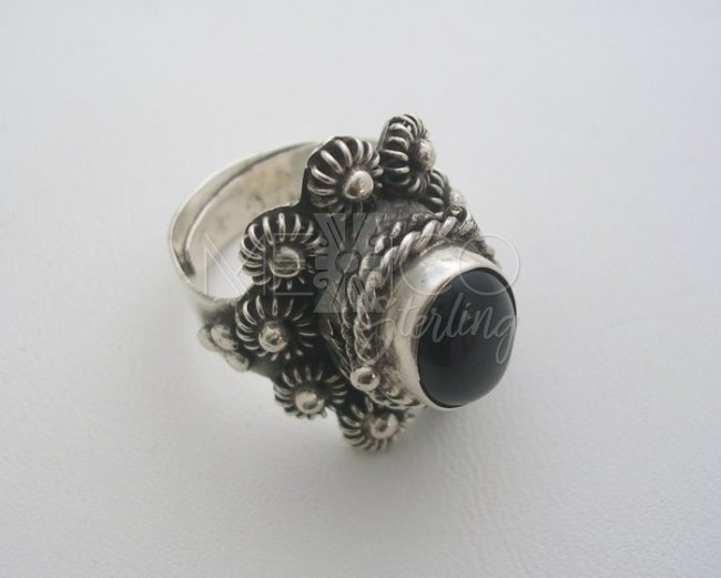Artisan, Adjustable Taxco Silver and Onyx Filigree Poison Ring