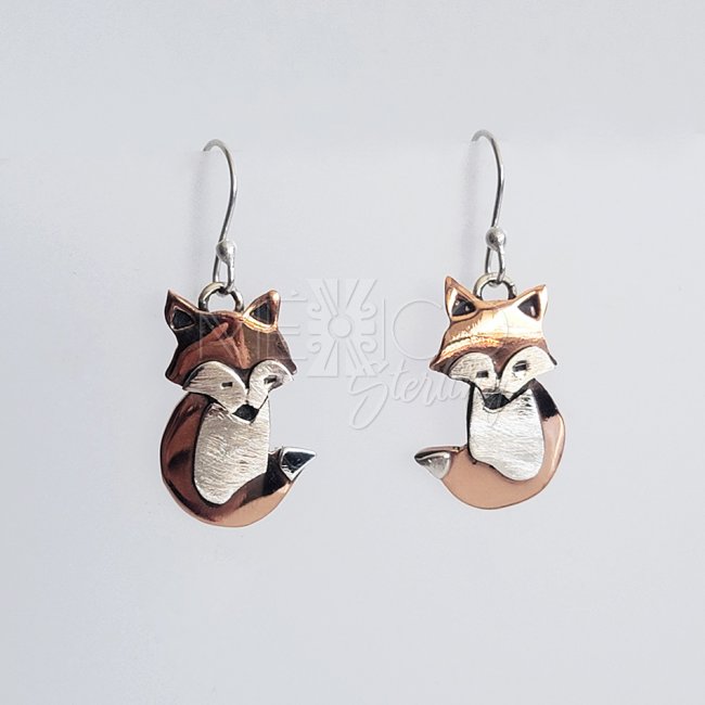 Silver and Copper Cute Dangle Fox Earrings