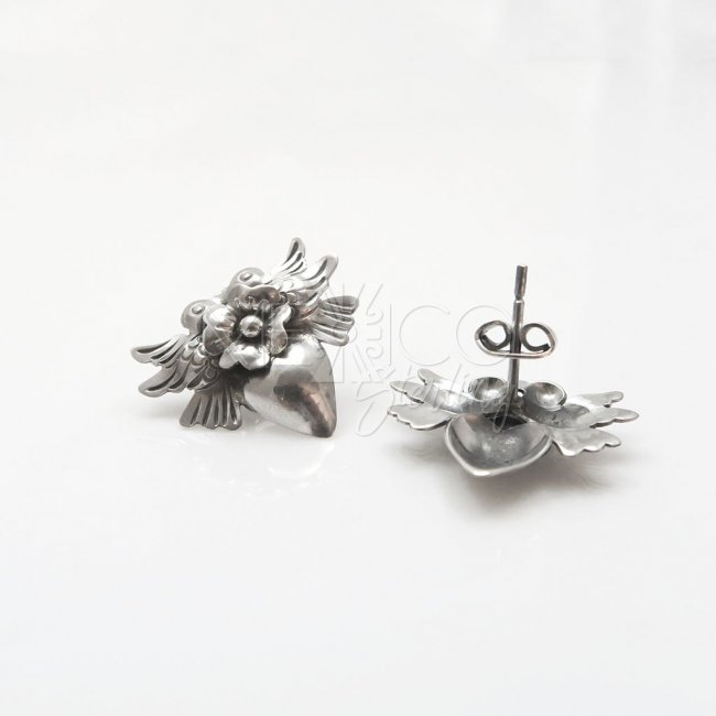 Silver Milagros Birds and Heart Earrings