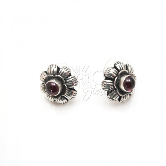 Silver and Garnet Flower Post Earrings