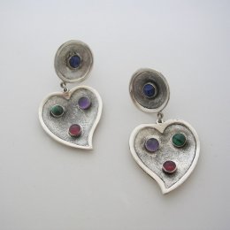 Taxco Silver Hearts Earrings Multi Stones
