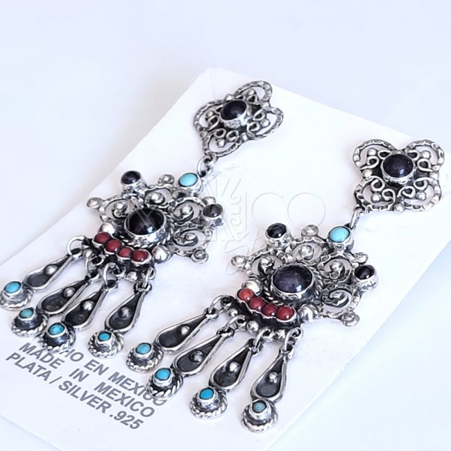 Multi-Stone Long Silver Traditional Earrings