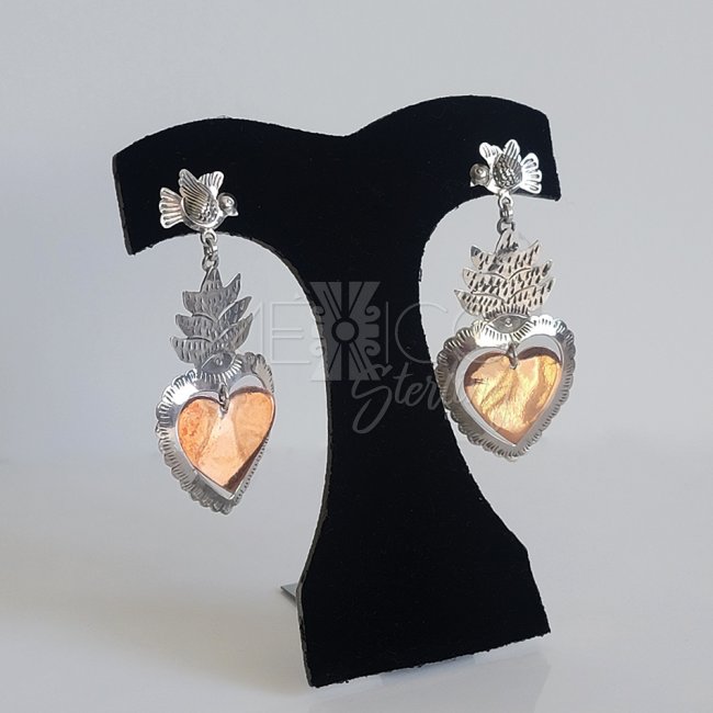 Silver Copper Sacred Hearts Long Earrings