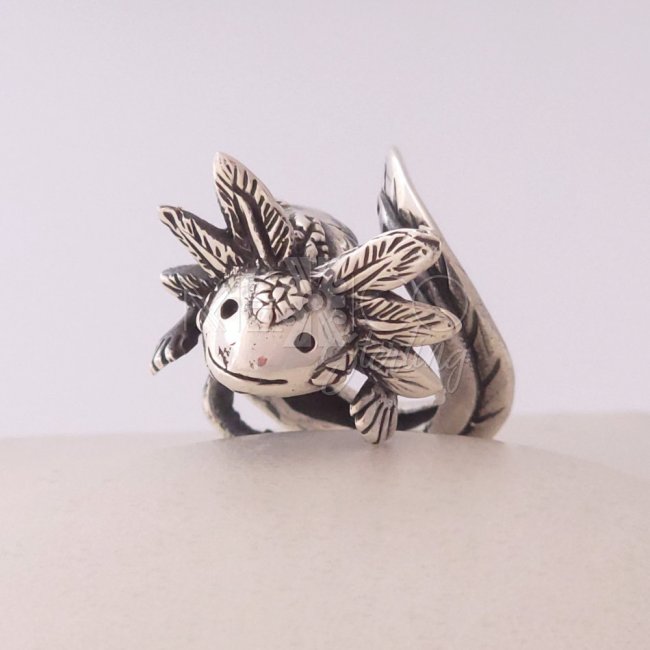 Cute King Axolotl Solid Silver Ring