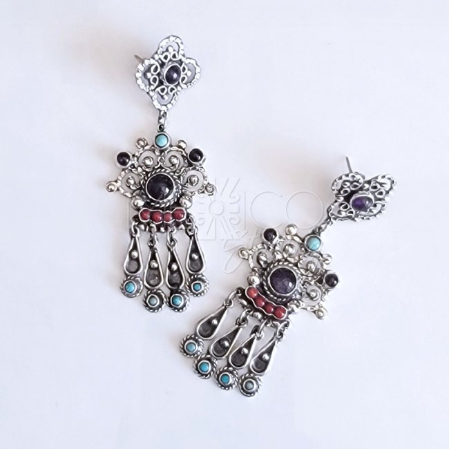 Multi-Stone Long Silver Traditional Earrings