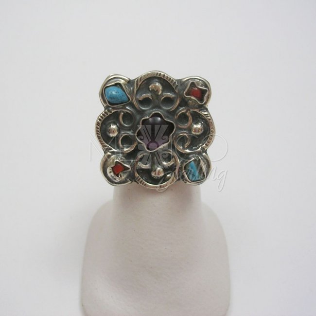 Adjustable Taxco Silver Ring with Stones