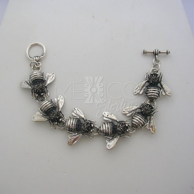 Unusual Taxco Silver Bees Bracelet - Click Image to Close