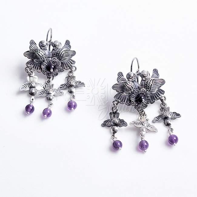 Lovely Silver Birdies with Amethyst Earrings