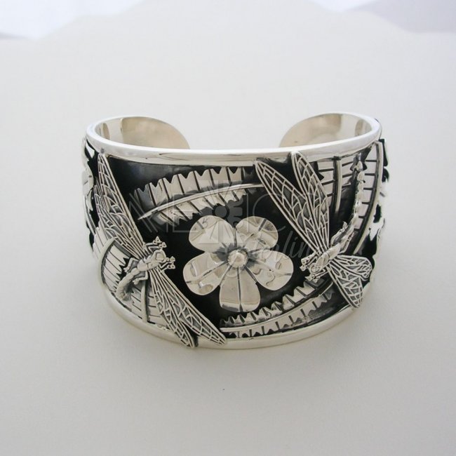 Solid Mexican Silver Cuff with Dragonflies