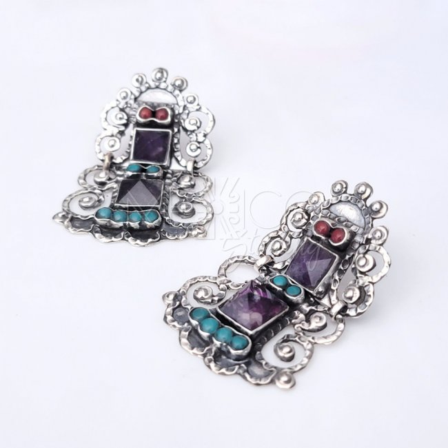 Mexican Silver Rivoli Cut Amethysts Earrings