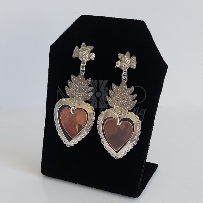 Silver Copper Sacred Hearts Long Earrings