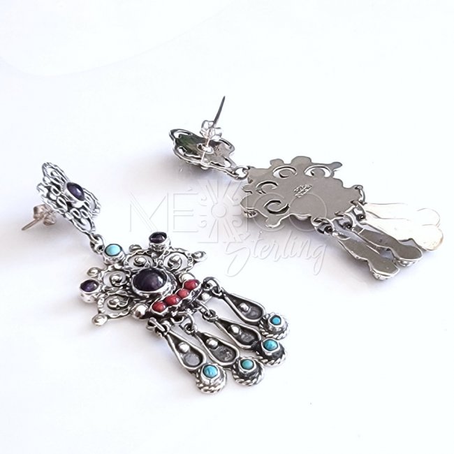 Multi-Stone Long Silver Traditional Earrings