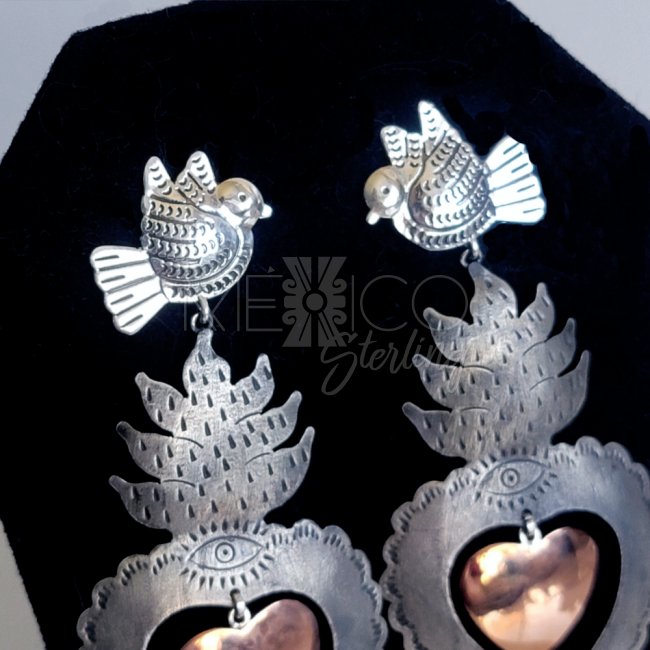 Silver Copper Sacred Hearts Long Earrings