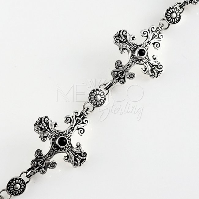 Silver Garnet Flower Cross Bracelet