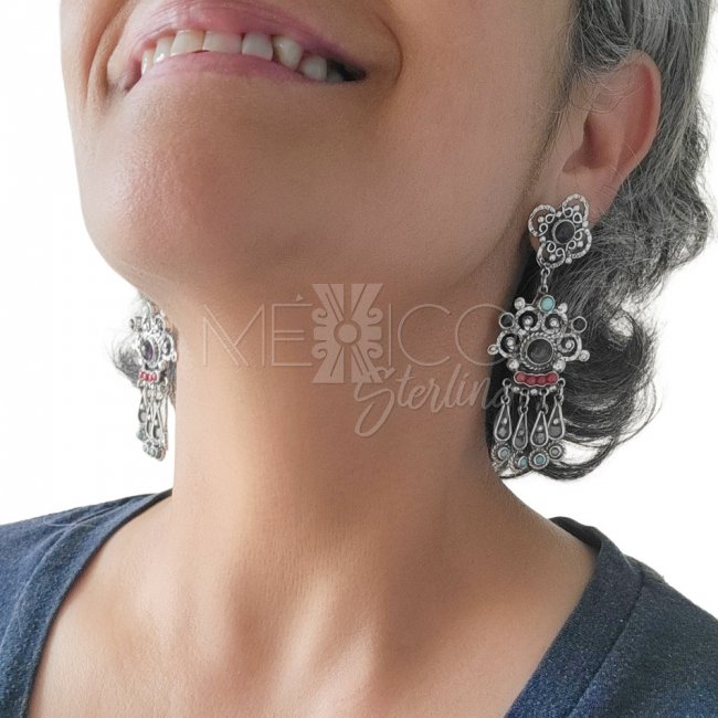 Multi-Stone Long Silver Traditional Earrings