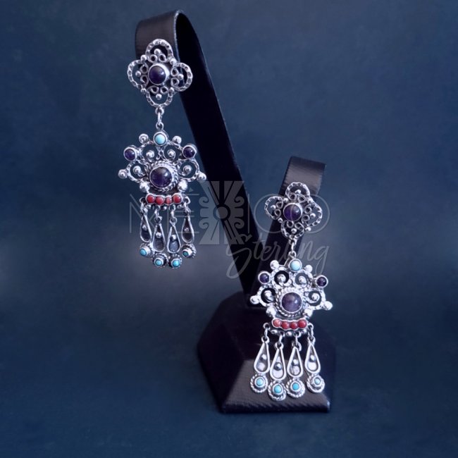 Multi-Stone Long Silver Traditional Earrings