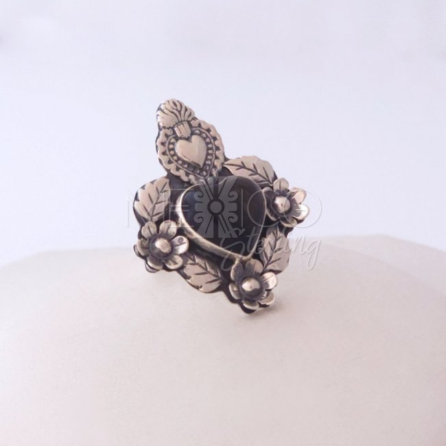 Heart Milagros Silver Ring and Obsidian