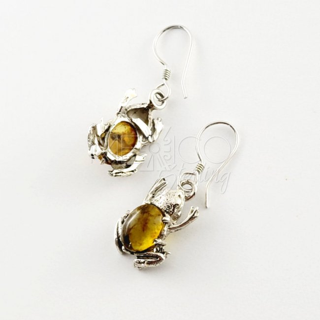 Delicate Silver Amber Frog Earrings