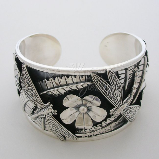 Solid Mexican Silver Cuff with Dragonflies