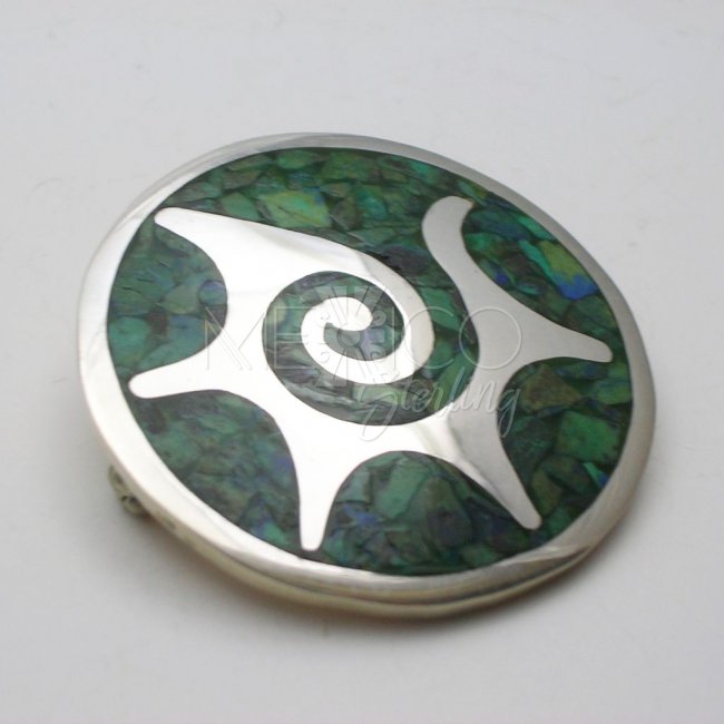 Taxco Solid Silver Brooch with Stone Inlay