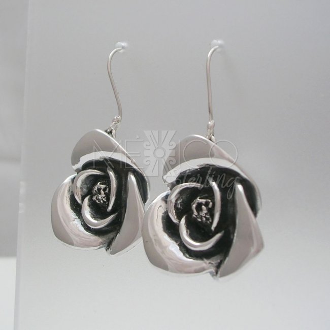 Long Taxco Silver Rose Earrings - Click Image to Close