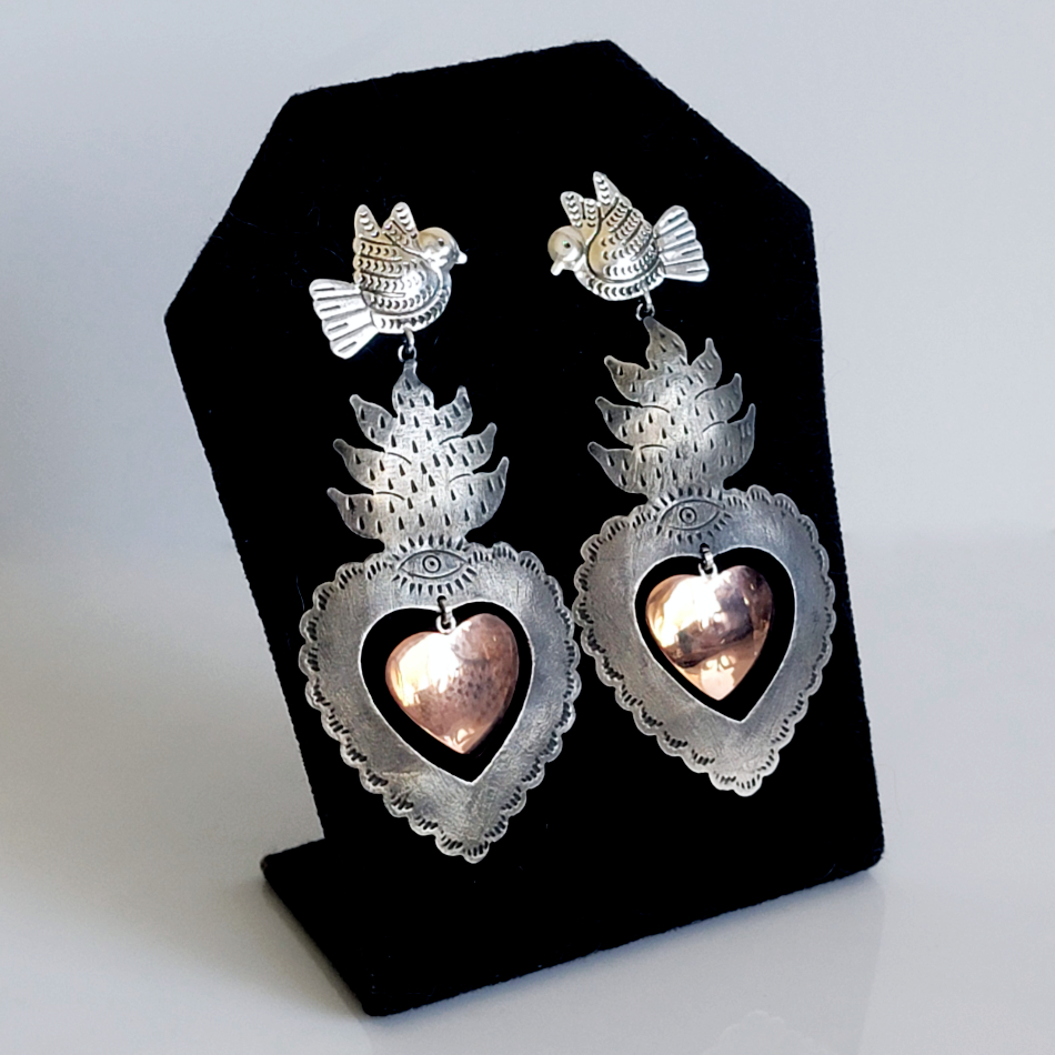 Silver Copper Sacred Hearts Long Earrings [EAR3711] - $110.00